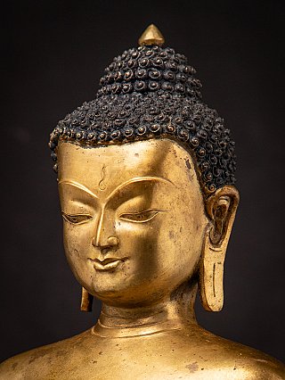 Angled face detail of a Nepali gilded bronze Buddha statue showing ear and curls