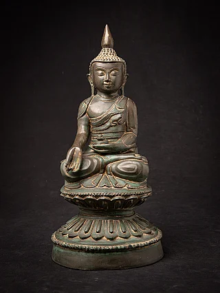 Burmese bronze Buddha statue seated, full-front view with varada mudra on lotus base
