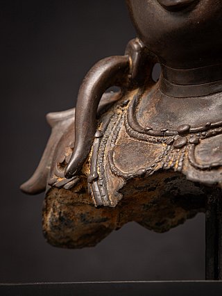 Detail of the bronze chest and neck with beaded necklace and ear ornament
