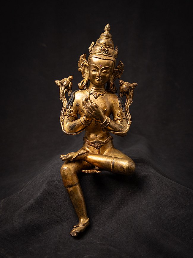 Nepali bronze Bodhisattva statue seated with dharmachakra mudra, full front view