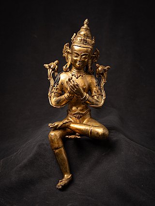 Nepali bronze Bodhisattva statue seated with dharmachakra mudra, full front view