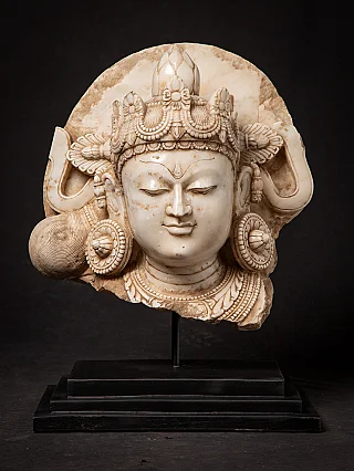 Large antique Indian marble Bodhisattva head with crown and ear ornaments, front view