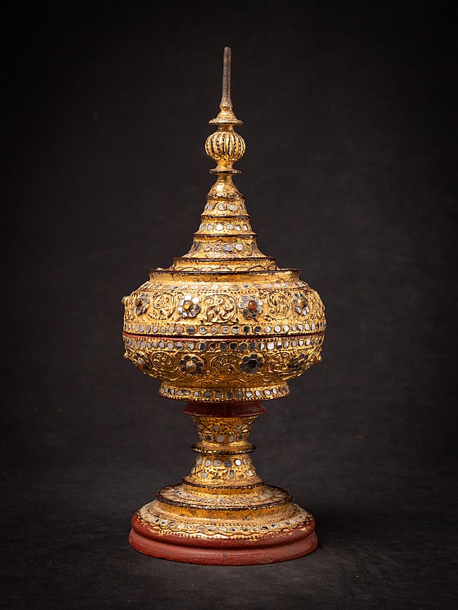 Burmese wooden gilded offering vessel with mirrored inlays, full front view
