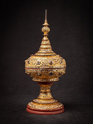 Burmese wooden gilded offering vessel with mirrored inlays, full front view