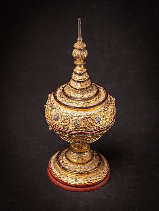 Burmese wooden gilded offering vessel with mirrored inlay, high angled view