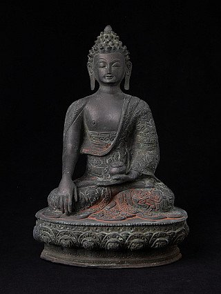 Nepali bronze Buddha statue, full front view with engraved robe and ornate base