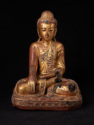 Houten Mandalay Boeddhabeeld uit Myanmar in zit met bhumisparsha mudra, vooraanzicht