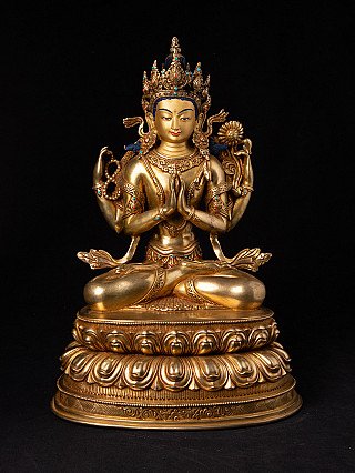 Nepalesische Bronze-Statue von Chenrezig, sitzend in Namaskara-Mudra, Frontalansicht auf Lotussockel