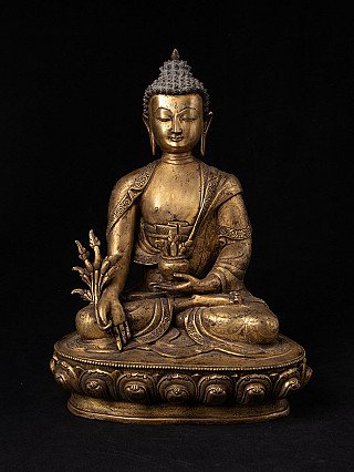 Nepalesische Medizinbuddha-Bronzestatue, sitzend auf Lotossockel, Frontansicht mit Schale und Pflanze