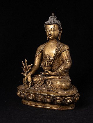 Bronze-Statue des Medizinbuddha aus Nepal, Dreiviertelansicht sitzend mit Schale