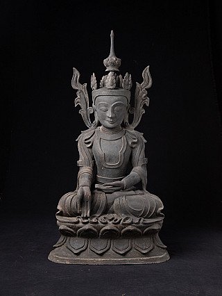 Buddha statue from Burma (Myanmar) in lacquerware, crowned and seated, full front view