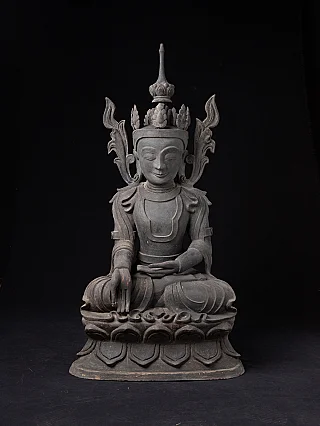 Lack-Buddha-Statue aus Burma (Myanmar), sitzend mit Krone, Vorderansicht auf Lotussockel