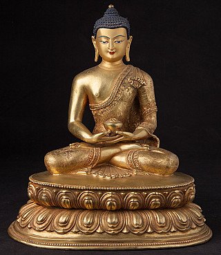 Nepali bronze Buddha statue seated in dhyana mudra on double lotus base, full front view