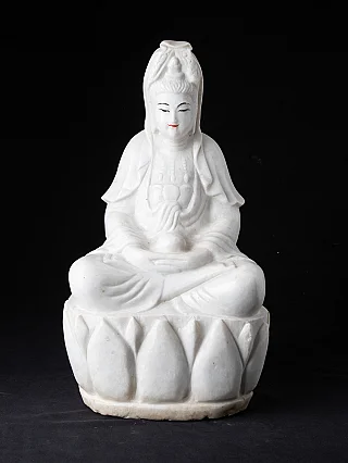 Marble Guan Yin statue from Myanmar seated on a lotus base, hands in dhyana mudra, full front view