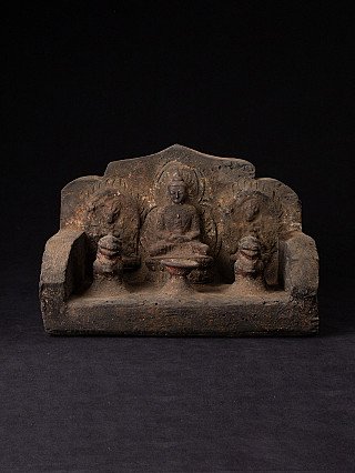 Nepali wooden Buddha altar with seated Buddha and two lions, front view