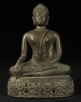 Thai bronze Buddha statue, full front view, seated in bhumisparsha mudra on decorated base