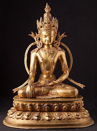 Große nepalesische Buddha-Statue aus Bronze, sitzend auf Lotussockel, Frontalansicht mit Krone