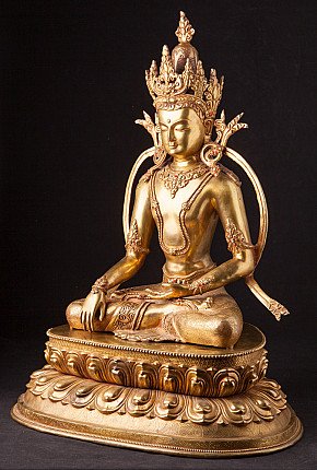 Nepalesische Buddha-Statue aus Bronze, sitzend, Dreiviertelansicht mit Bhumisparsha-Mudra
