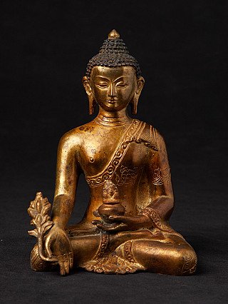Nepalesische Bronze-Statue des Medizin-Buddha, sitzend in Frontalansicht mit Schale