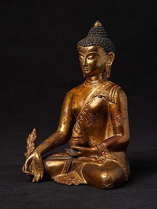 Medizin-Buddha-Statue aus Nepal in Bronze, Dreiviertelansicht mit Lotusstängel