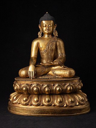 Große nepalesische Buddha-Statue aus Bronze, sitzend in Bhumisparsha-Mudra, Frontalansicht