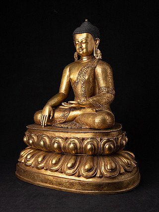 Nepalesische Buddha-Statue aus Bronze auf Lotossockel, Dreiviertelansicht von links