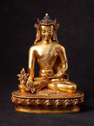 Nepalische Bronze-Medizinbuddha-Statue, sitzend mit Schale in der Hand, Frontalansicht
