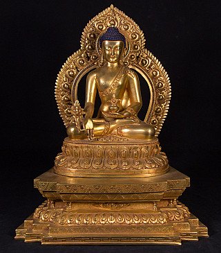 Medicine Buddha statue in Nepali bronze with ornate halo and lotus base, full front view