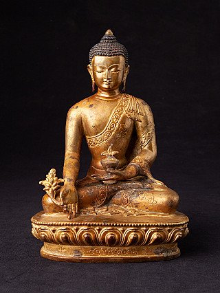 Bronze-Medizinbuddha-Statue aus Nepal, sitzend auf Lotussockel, Frontalansicht