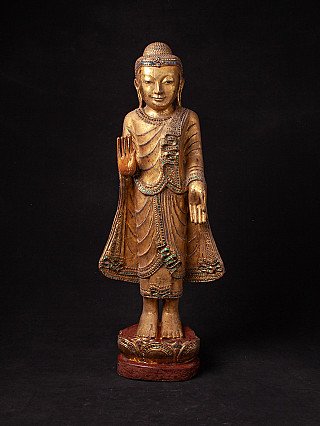 Stehende Mandalay-Buddha-Statue aus Holz aus Burma, Frontalansicht mit Abhaya-Mudra