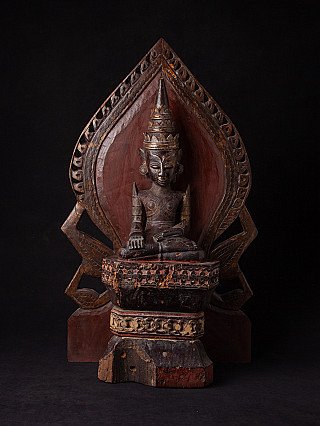 Antique wooden Mon Buddha statue from Burma (Myanmar), seated in bhumisparsha mudra, full front