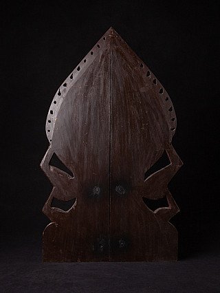 Rear view of the leaf-shaped wooden back panel with pierced border