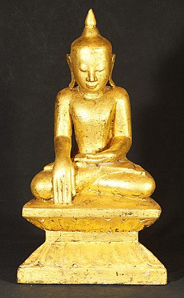 Hölzerne Buddha-Statue aus Burma (Myanmar) im Ava-Stil, sitzend auf Sockel, Frontalansicht