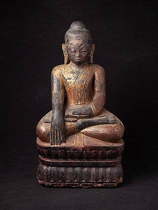 Burmesische Buddha-Statue aus Holz, sitzend in Bhumisparsha-Mudra, Frontalansicht
