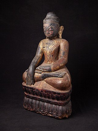 Buddha-Statue aus Myanmar (Ava-Periode) aus Holz, Dreiviertelansicht links