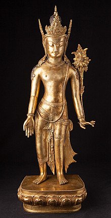 Große bronzene Lokeshor-Statue aus Nepal, stehend auf Lotussockel, Vorderansicht mit Krone