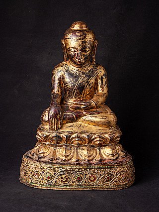 Antique wooden Ava Buddha statue from Burma, seated in bhumisparsha mudra, full front