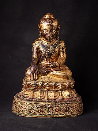Antique wooden Ava Buddha statue from Burma, seated in bhumisparsha mudra, full front