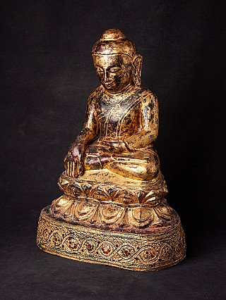 Wooden Ava Buddha statue from Burma (Myanmar), bhumisparsha mudra, three-quarter left view