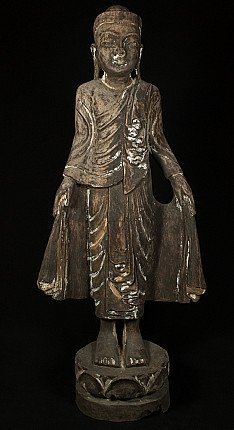 Stehende Buddha-Statue aus Holz aus Burma (Myanmar), Mandalay-Stil, Gesamtansicht von vorn