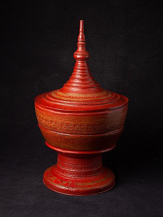 Antique Burmese lacquer offering vessel with lid, red with gilt decoration, three-quarter view