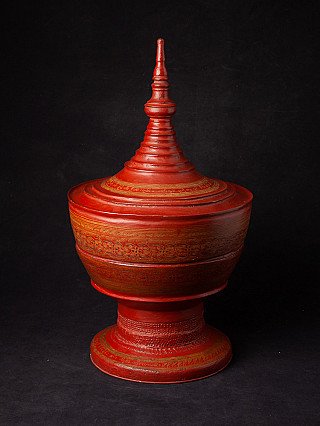 Burmese Shan lacquer offering vessel with lid, red lacquer and gold bands, angled view