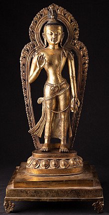 Große nepalesische Lokeshor-Statue aus Bronze, frontal stehend mit Aureole und Sockel