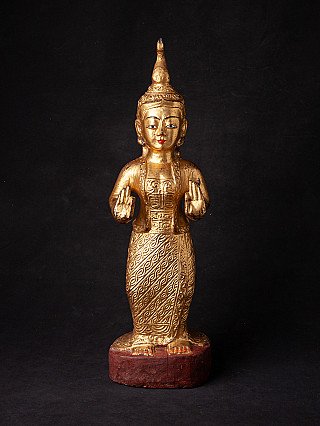 Antike hölzerne burmesische Nat-Statue, stehend mit Vitarka-Mudra, Frontalansicht