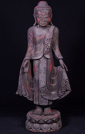 Hölzerne Mandalay-Buddha-Statue aus Myanmar, stehend auf Lotus-Sockel, Frontalansicht