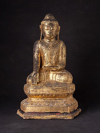 Burmese Shan Buddha statue in lacquerware, seated in bhumisparsha mudra, full front view