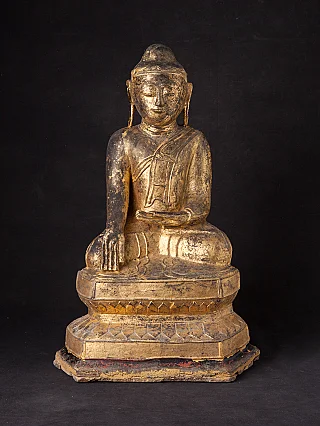 Burmese Shan Buddha statue in lacquerware, seated in bhumisparsha mudra, full front view