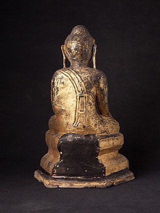 Burmese Shan Buddha statue in lacquerware, rear view showing black lacquered back panel