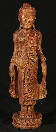 Stehende Buddha-Statue aus Holz aus Burma (Myanmar), Mandalay-Stil, Frontalansicht mit Sockel