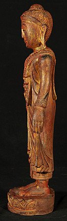 Stehende Buddha-Statue aus Holz aus Burma, linke Seitenansicht mit Gesichtsprofil und Ohr